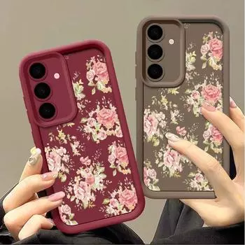 Мягкий противоударный чехол с розовым цветочным принтом для Samsung Galaxy S24 FE S23 S22 Ultra A16 A55 A35 A54 A15 A34, защитный силиконовый матовый чехол для телефона TPU Samsung S24 FE чёрный