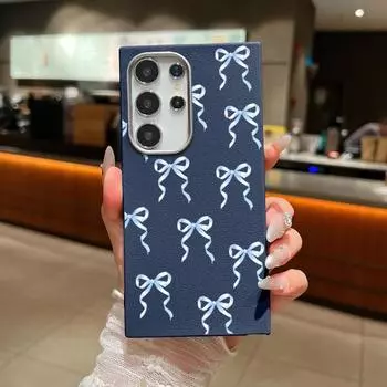 Мягкий противоударный чехол TPU с бантом для Samsung S25 S24 FE S23 Ultra S22 S21 A36 A56 A55 A16 A15 A35 с матовой кожаной текстурой и тонким чехлом для телефона Samsung S25 синий