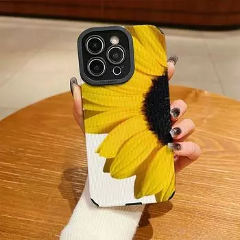 Мягкий противоударный силиконовый чехол с вертикальным зернистым узором и рисунком подсолнуха с полной защитой объектива камеры для iPhone iPhone 15 Pro Max