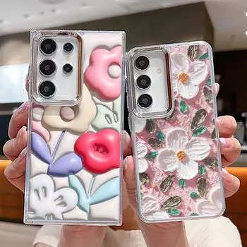 Мягкий прозрачный чехол для телефона Samsung S24 FE S23 Ultra A55 A54 A35 A34 A14 с рисунком из мультфильма и цветочным принтом, защитный прозрачный противоударный чехол для объектива Samsung S24