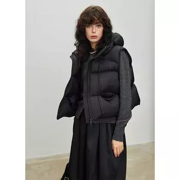 Мягкий пушистый жилет с капюшоном из гусиного пуха 90, женский легкий теплый жилет из гусиного пуха M average size 90-75kg чёрный