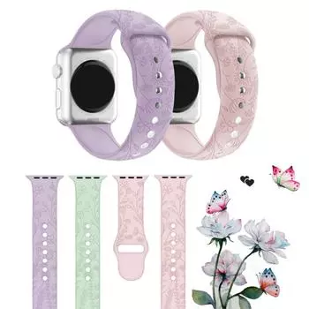 Мягкий ремешок с цветком для Apple Watch Series 7 6, силиконовый ремешок с тиснением для iWatch Series 7 SE 8, 41 мм, 45 мм, 40 мм, 44 мм, резиновый ремешок, милый ремешок для часов For 38/40/41mm фиолетовый
