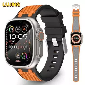 Мягкий резиновый браслет для Apple Watch Ultra 2 Series 9 7 8 6 5 4 3 se Ремешок с узором из углеродного волокна для iWatch 49 мм 45 мм 42 мм 44 мм For Apple Watch 42mm оранжевый