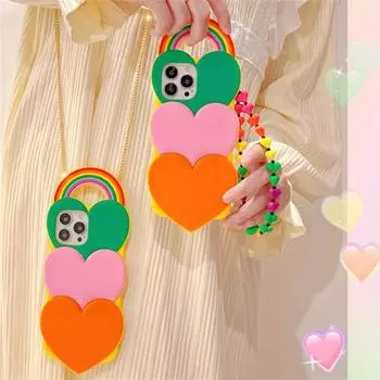 Мягкий силиконовый чехол через плечо с радужным сердечком и сердечком для Iphone 13 12 11 Pro Xs Max X Xr 7 8 Plus Se3, защитный чехол Case & Strap