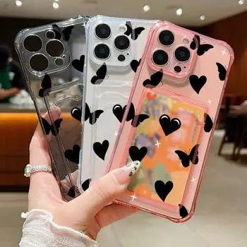 Мягкий силиконовый чехол для iPhone 16 Pro Max 15 14 Pro 13 12 11 с принтом бабочки, любви, сердец, прозрачный, с отделением для карт, прозрачный, ударопрочный, тонкий, бампер iPhone 16 серый