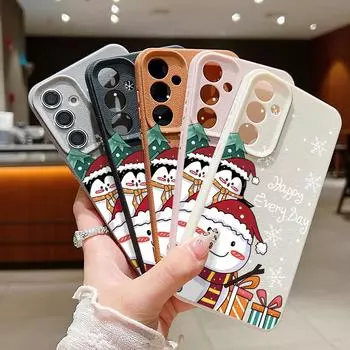 Мягкий силиконовый чехол для рождественского снеговика для Samsung S24 S22 Ultra Plus S23 S21 S20 Fe A55 A54 A53 A52 A35 A15 A16 с текстурой кожи и защитой объектива Samsung S24 чёрный