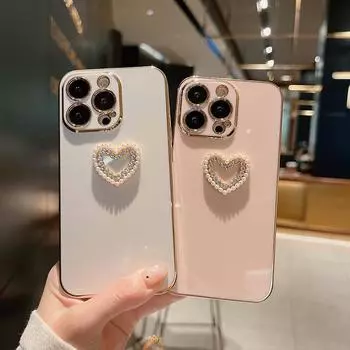 Мягкий силиконовый чехол для телефона Ins с жемчугом и бриллиантами для Iphone 13 Pro Max Mini 12 11 7 8 Plus X Xs Xr Se 2 Heart Love Cover for iphone XS MAX розовый