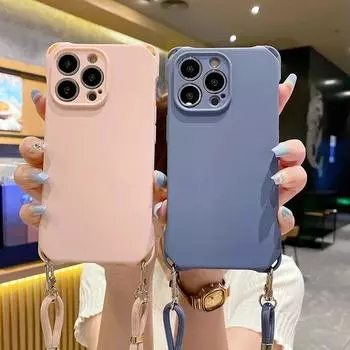 Мягкий силиконовый чехол для телефона Iphone 15 Pro Max для Iphone 14 13 12 11 Pro Max X XS Max XR 8 7 Plus, задняя крышка со шнурком For iPhone15&Case & Strap чёрный