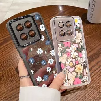 Мягкий силиконовый чехол для телефона с цветочным узором для Xiaomi 13t Poco X6 Pro Redmi Note 12 Pro 5g со стеклянным объективом, противоударная прозрачная задняя крышка Xiaomi Poco X6 Pro чёрный