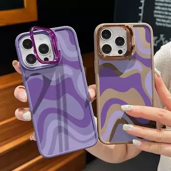 Мягкий силиконовый чехол для телефона с фиолетовыми волнистыми полосками и подставкой для объектива для iPhone 16 Pro Max 15 14 13 12 Pro 11, защитный противоударный матовый тонкий чехол из ТПУ iPhone 16 чёрный