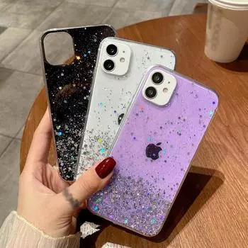 Мягкий силиконовый чехол для телефона с милой девушкой и блестящими звездами для iphone 14 15 Pro Max Plus для Samsung S24 A05 A05S A15 A55 для Redmi 12 12C 13C POCO C65 RedMi Note 12S чёрный