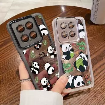 Мягкий силиконовый чехол для телефона с милым рисунком панды для Xiaomi 13t Poco X6 Pro Redmi Note 12 Pro 5g со стеклянным объективом, противоударная прозрачная задняя крышка Xiaomi Poco X6 Pro чёрный