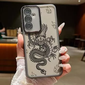 Мягкий силиконовый чехол для телефона с принтом дракона и змеи для Samsung S24 Ultra S23 FE S22 S21 S20 FE A54 A34, прозрачная противоударная защитная пленка для объектива, бампер Samsung S24 чёрный