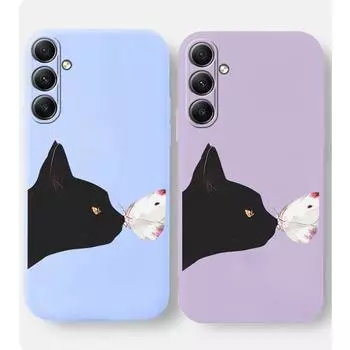 Мягкий силиконовый чехол для телефона с рисунком бабочки и кошки для Samsung Galaxy A55 A35 A34 A54 A15 S23 S24 FE S25 M35 M34, защитный противоударный чехол для камеры Samsung Galaxy S9 Plus белый