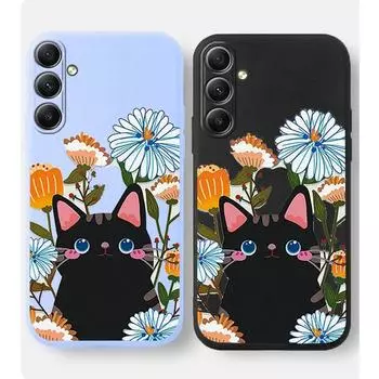 Мягкий силиконовый чехол для телефона с рисунком цветов и кошек для Samsung Galaxy A55 A35 A34 A54 A15 A32 S23 S24 FE S25 M35 M34, защитный противоударный чехол для камеры Samsung Galaxy S9 Plus чёрный