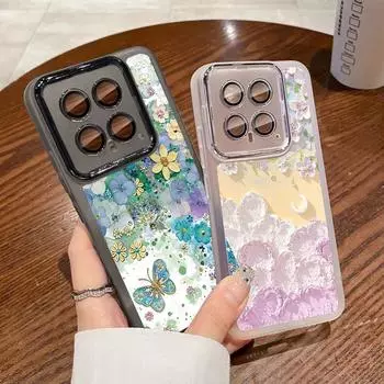Мягкий силиконовый чехол для телефона с рисунком бабочки и цветка для Xiaomi 13t Poco X6 Pro Redmi Note 12 Pro 5g со стеклянным объективом, противоударная прозрачная задняя крышка Xiaomi Poco X6 Pro чёрный