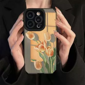 Мягкий силиконовый чехол для телефона с вертикальным зернистым кожаным корпусом и принтом подсолнухов и тюльпанов, задняя крышка с объективом камеры, полная защита для iPhone iPhone 15 Pro Max