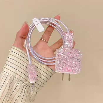 Мягкий силиконовый чехол для зарядного устройства с блестками для iPhone 14, 13 Pro, 18 Вт, 20 Вт, защитный чехол для зарядного устройства, защитный чехол для кабеля серебряный