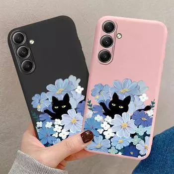 Мягкий силиконовый чехол Flower Black Cat для Samsung Galaxy A55 A35 A34 A54 A53 A15 S23 S24 FE S25 Plus M35 M34, противоударный чехол-бампер для телефона с защитой от царапин Samsung Galaxy S9 Plus чёрный