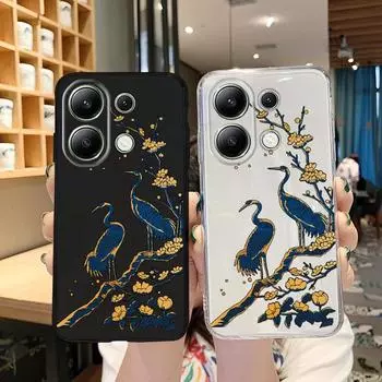 Мягкий силиконовый чехол Gold Flower Crane для Xiaomi Redmi Note 13 Pro 14C Samsung A55 S24 FE iPhone Huawei Honor Realme Camera Защитный противоударный чехол Samsung Galaxy S9 Plus