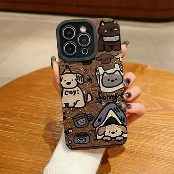 Мягкий силиконовый чехол из кожи с вертикальным зернистым рисунком и милыми собачками, с полной защитой объектива камеры для iPhone iPhone 15 Pro Max