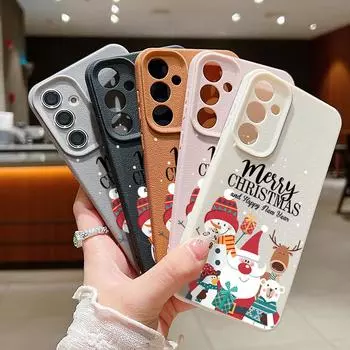 Мягкий силиконовый чехол на Новый год и Рождество для Samsung S24 S22 Ultra Plus S23 S21 S20 Fe A55 A54 A53 A52 A35 A15 A16 с текстурой кожи и защитой объектива Samsung S24 чёрный