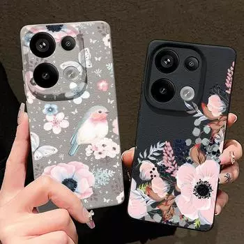 Мягкий силиконовый чехол с цветочным узором для Xiaomi 13t Poco X6 M6 Pro Redmi Note 14 13 12 11 10 Pro, ударопрочный кожаный текстурный однотонный тонкий чехол Redmi Note 14 5G чёрный