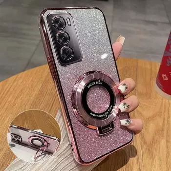 Мягкий силиконовый чехол с градиентом цвета и блестками для OPPO Reno 12 Pro 12pro, гальванический магнитный кронштейн на присоске, мягкий чехол из ТПУ для OPPO Reno 11F 11 Pro OPPO Reno12 розовый