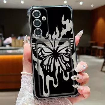 Мягкий силиконовый чехол с изображением бабочки пламени и слотом для карт для Samsung S24 FE S23 S22 Ultra A16 A55 A54 A35 A15 A34, прозрачный противоударный защитный чехол для телефона Samsung S24 серый