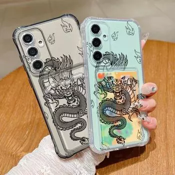 Мягкий силиконовый чехол с изображением дракона и слотом для карт для Samsung S24 FE S23 S22 Ultra A16 A55 A54 A15 A35 A34 A14, тонкий, ударопрочный, прозрачный чехол для телефона Samsung S24 серый