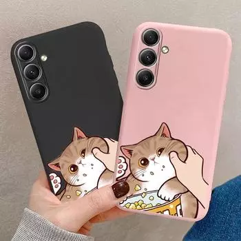 Мягкий силиконовый чехол с изображением милого кота для Samsung Galaxy A55 A35 A34 A54 A53 A15 S23 S24 FE S25 Plus M35 M34, противоударный чехол-бампер для телефона с защитой от царапин Samsung Galaxy S9 Plus чёрный
