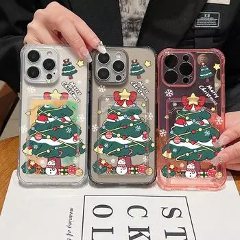Мягкий силиконовый чехол с изображением рождественской елки и прозрачным слотом для карт для iPhone 16 Pro Max 15 Pro 14 13 12 11, тонкий, ударопрочный, прозрачный чехол для телефона iPhone 16 серый