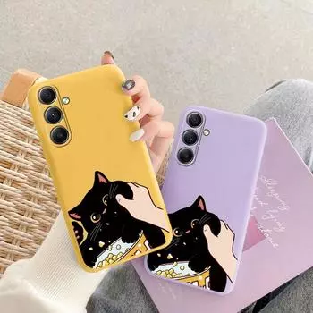 Мягкий силиконовый чехол с милым мультяшным котом для Samsung Galaxy A55 A35 A34 A54 A53 A15 S23 S24 FE S25 Plus M35 M34, противоударный чехол-бампер для телефона с защитой от царапин Samsung Galaxy S9 Plus чёрный