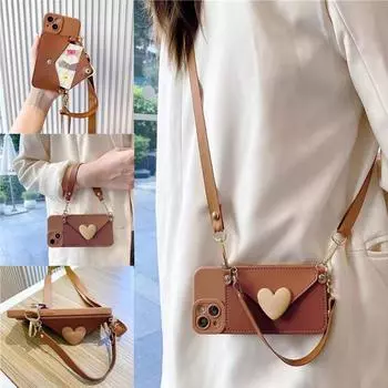 Мягкий силиконовый чехол с отделением для карт-кошелька на запястье для IPhone 15 Pro Max Plus 14 Pro Max Plus 3D Love Heart Ремешок через плечо с задней крышкой для телефона For IPhone 15 Pro чёрный