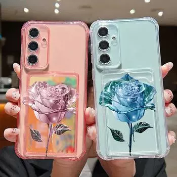 Мягкий силиконовый чехол с отделением для карт и кристаллами в виде розы для Samsung S24 FE S23 S22 Ultra A16 A55 A54 A15 A35, прозрачный противоударный чехол для телефона Samsung S24 серый