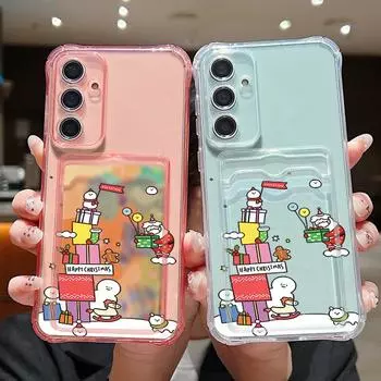Мягкий силиконовый чехол с принтом рождественского подарка Санты для Samsung S24 FE S23 S22 Ultra A16 A15 A55 A54 A35, прозрачный слот для карт, ударопрочный тонкий чехол для телефона Samsung S24 серый
