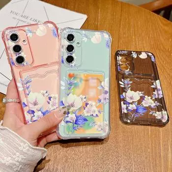 Мягкий силиконовый чехол с прозрачным слотом для карт и цветочным узором для Samsung S24 S22 Ultra S23 S21 S20 Fe A55 A54 A53 A52 A35 A15, противоударный защитный чехол для объектива Samsung S24 серый