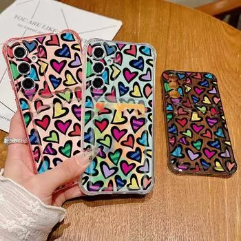 Мягкий силиконовый чехол с прозрачным слотом для карт и красочным узором в виде сердечек для Samsung S24 S22 Ultra S23 S21 S20 Fe A55 A54 A53 A52 A35 A34 A15, противоударный чехол Samsung S24 серый