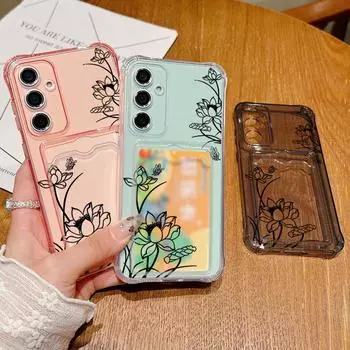 Мягкий силиконовый чехол с прозрачным слотом для карт и рисунком лотоса для Samsung S24 S22 Ultra S23 S21 S20 Fe A55 A54 A53 A52 A35 A16 A15, ударопрочный, тонкий чехол Samsung S24 FE серый