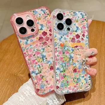 Мягкий силиконовый чехол с прозрачным слотом для карт и цветочным узором для iPhone 16 Pro Max 15 Pro 14 13 12 11, прозрачный противоударный тонкий чехол для телефона iPhone 16 чёрный