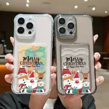 Мягкий силиконовый чехол с прозрачным слотом для карт и рисунком в виде снеговика и Санты для iPhone 16 15 Pro 14 Pro Max 13 12 11, прозрачный противоударный чехол для телефона iPhone 16 серый