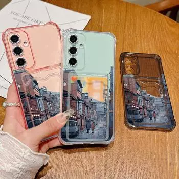 Мягкий силиконовый чехол с прозрачным слотом для карт и городским узором для Samsung S25 S24 S22 Ultra S23 S21 Fe A56 A55 A54 A53 A35 A34 A26 A15, противоударный чехол против падения Samsung S25 серый