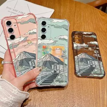 Мягкий силиконовый чехол с прозрачным слотом для карт и узором Fujiyama для Samsung S25 S24 S22 Ultra S23 S21 Fe A56 A55 A54 A53 A35 A34 A15, противоударный чехол против падений Samsung S25 серый