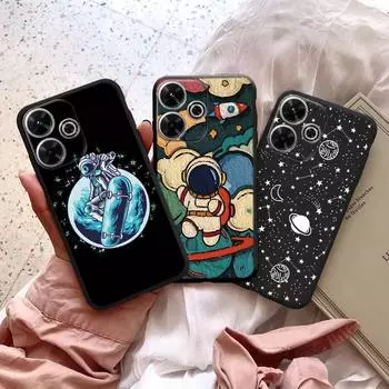 Мягкий силиконовый чехол с рисунком космонавта для Samsung A55 A35 S24 Xiaomi Redmi Note 13 Poco C65 iPhone 15, противоударный защитный чехол-бампер для камеры Samsung Galaxy S20