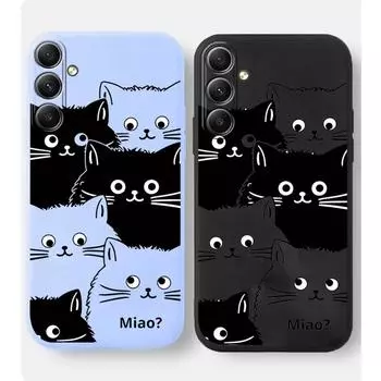 Мягкий силиконовый чехол с рисунком кота для Samsung Galaxy A55 A35 A34 A54 A15 A14 S23 S24 FE S25 M35 M34, защитный противоударный чехол для камеры Samsung Galaxy S9 Plus чёрный
