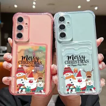 Мягкий силиконовый чехол с рисунком оленя и Санты для Samsung S24 FE S23 S22 Ultra A16 A55 A15 A54 A35, тонкий, прозрачный, противоударный, с отделением для карт, чехол для телефона Samsung S24 серый