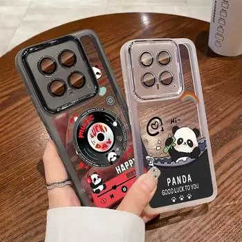 Мягкий силиконовый чехол с рисунком панды для Xiaomi 13t Poco X6 Pro Redmi Note 12 Pro 5g со стеклянным объективом, противоударная прозрачная задняя крышка Xiaomi Poco X6 Pro чёрный
