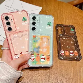Мягкий силиконовый чехол с рисунком рождественского снеговика для Samsung S24 FE S23 Ultra A16 A55 A35 A54 A34 с прозрачным слотом для карт, ударопрочный прозрачный тонкий чехол для телефона Samsung S24 серый