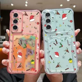 Мягкий силиконовый чехол с рисунком в виде мультяшного рождественского узора для Samsung S24 FE S23 S22 Ultra A16 A55 A54 A35 с прозрачным слотом для карт, противоударный прозрачный чехол для телефона Samsung S24 серый