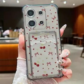 Мягкий силиконовый чехол с рисунком вишневого банта и слотом для карт для Xiaomi 14T 13T Pro Poco F6 Pro X6 C65 Redmi Note 13 12 Pro 11, противоударный прозрачный чехол для телефона Redmi 14C 4G серый